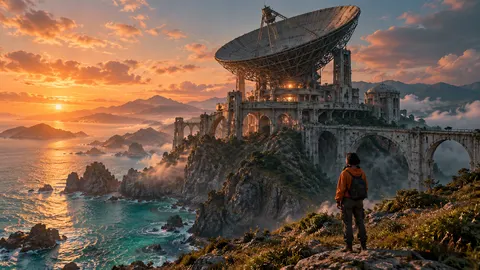 Mara approaches a coastal observatory above the ocean at sunset