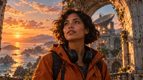Mara, wearing an orange jacket and headphones, looks toward the light