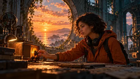 Mara tunes an old radio inside the observatory at sunset